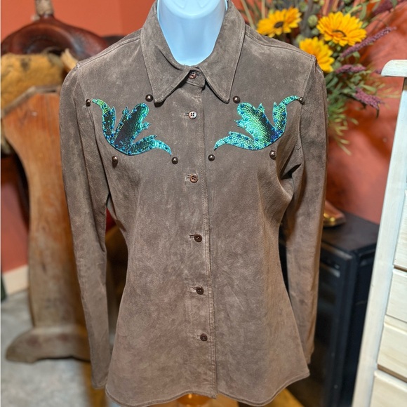 Brown Suede Button-Up Shirt with Hand Cut Blue Green Leather Embellishment
